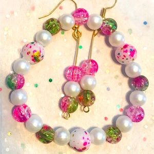 💕PINK MULTI COLORED BEADED BRACELET AND EARRINGS SET